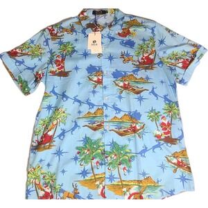 SSLR Shirt Mens Med Blue Hawaiian Christmas Santa Button Up Short Sleeve Palms